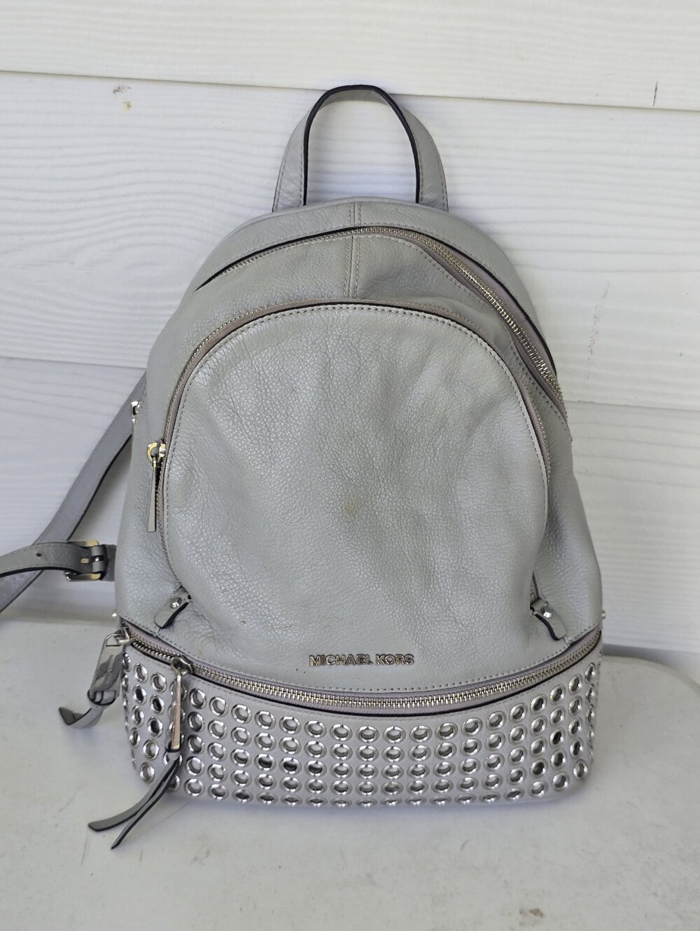 Michael Kors Gray Leather Grommet Studded Backpack Silver Hardware